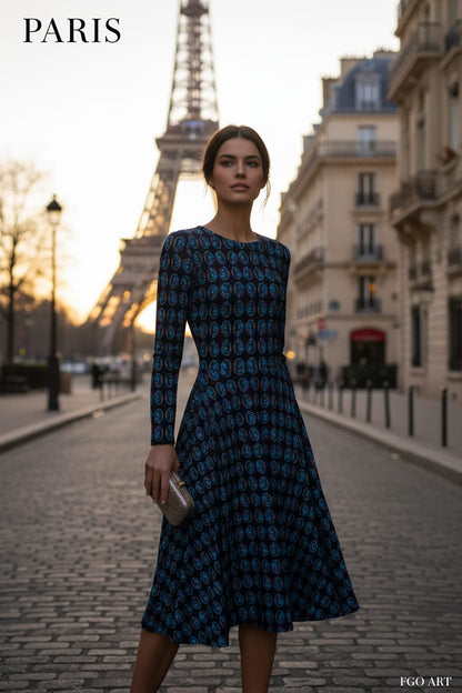 All-over print long sleeve midi dress. UNIVERSE 1.