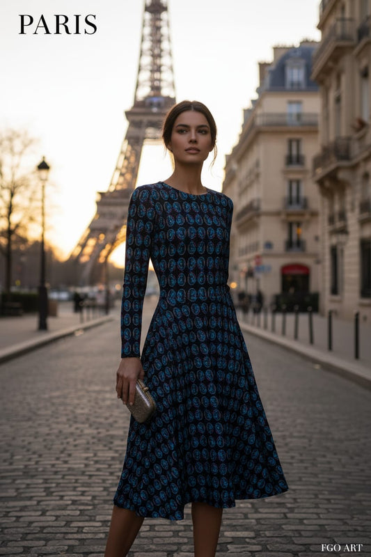 All-over print long sleeve midi dress. UNIVERSE 1.