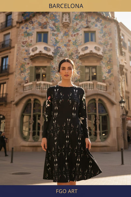 All-over print long sleeve midi dress. LOVE 4.