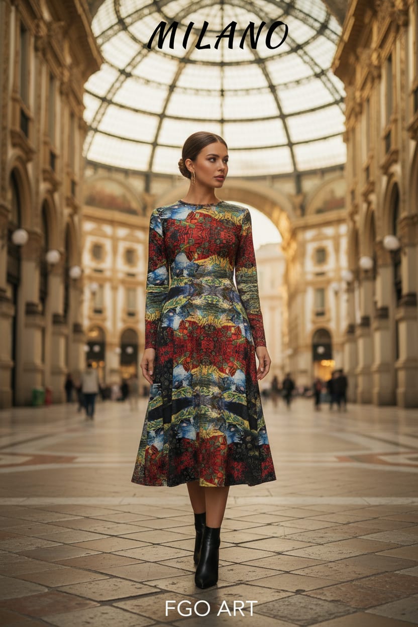 All-over print long sleeve midi dress. LOVE 2.