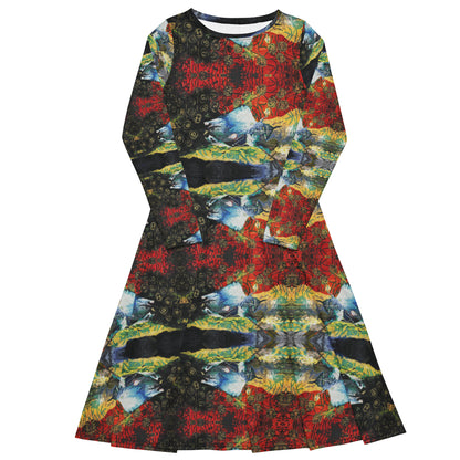 All-over print long sleeve midi dress. LOVE 2.