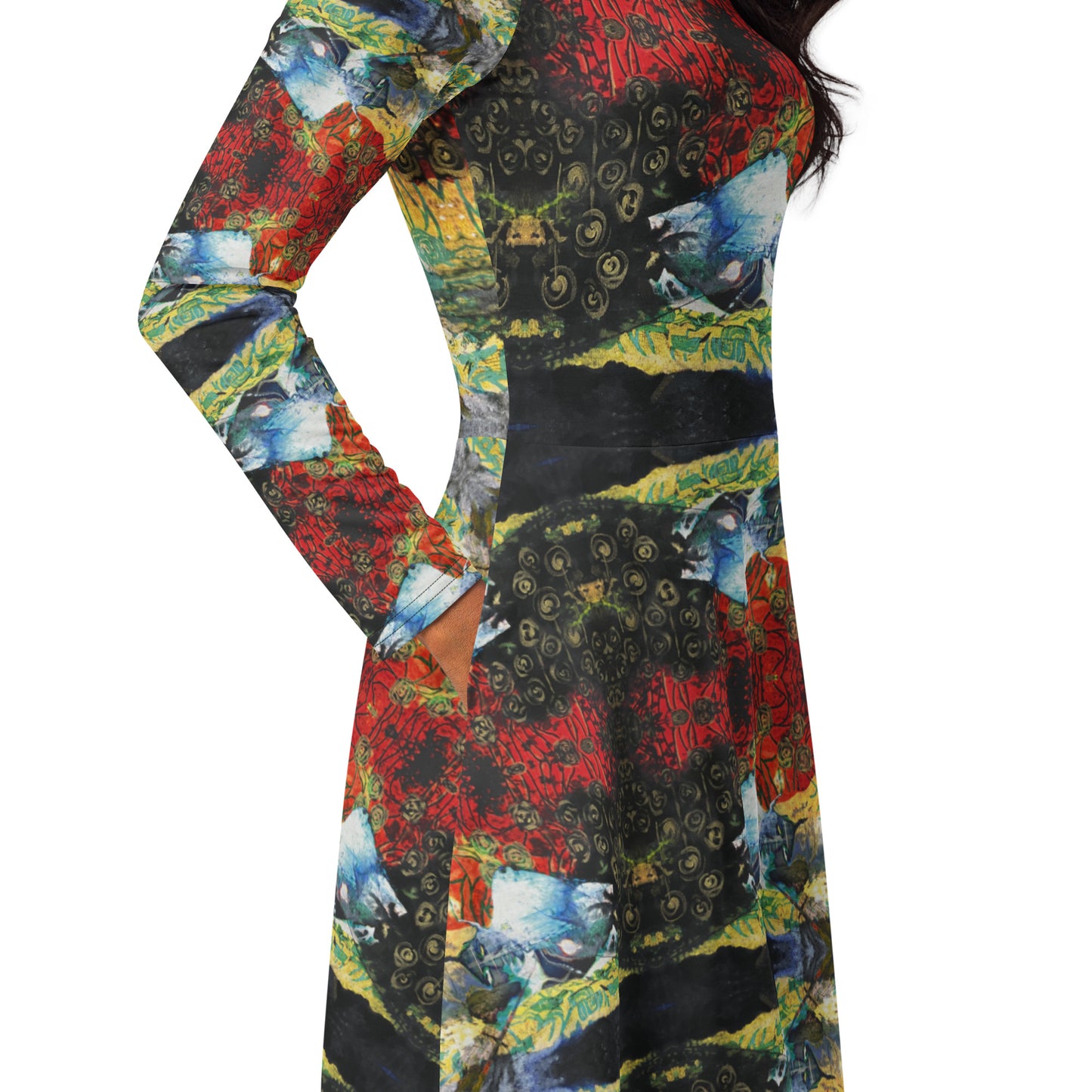 All-over print long sleeve midi dress. LOVE 2.