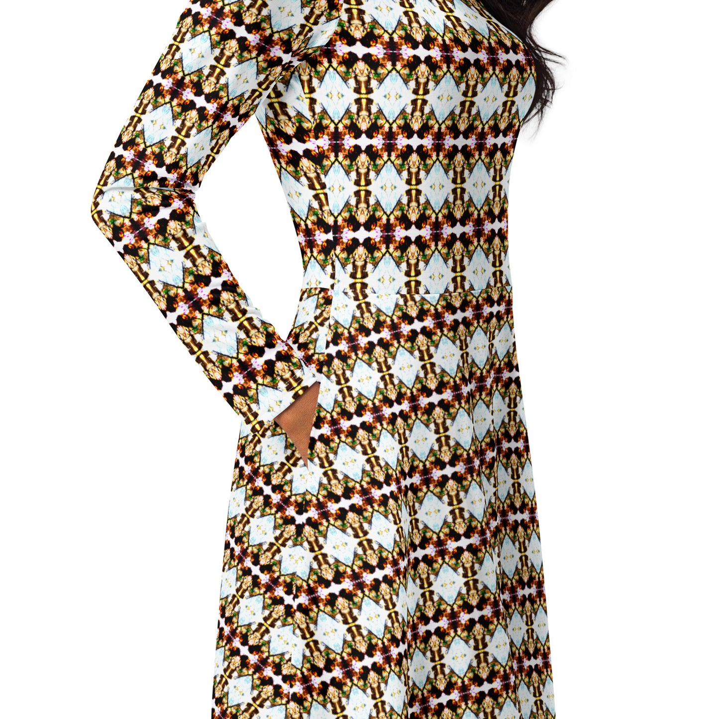 All-over print long sleeve midi dress. LOVE 1.