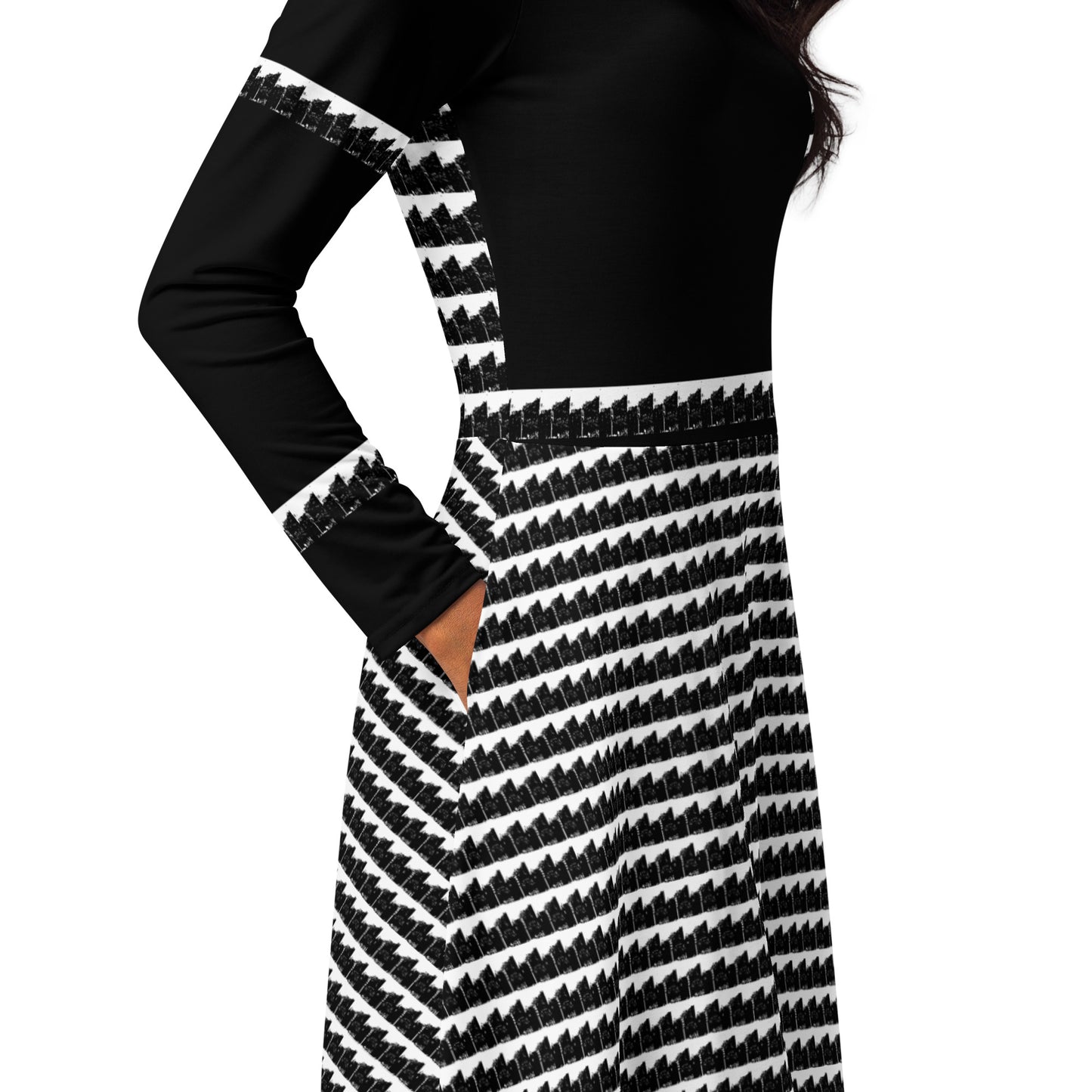 All-over print long sleeve midi dress. B & N 6.