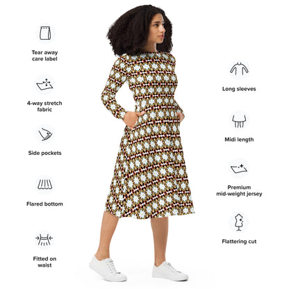 All-over print long sleeve midi dress. LOVE 1.