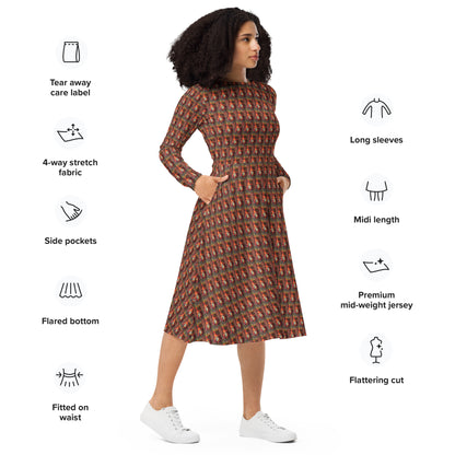 All-over print long sleeve midi dress. MÁSCARA 6.