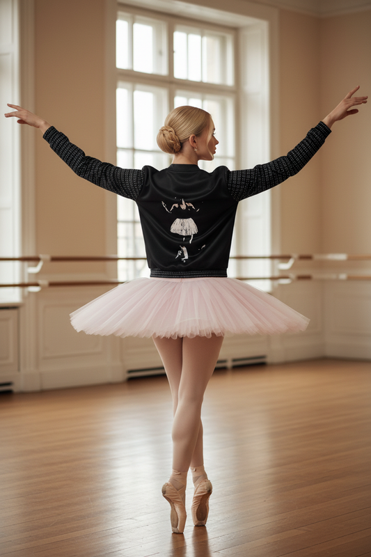 Bailarina rubia de espaldas con tutú rosado