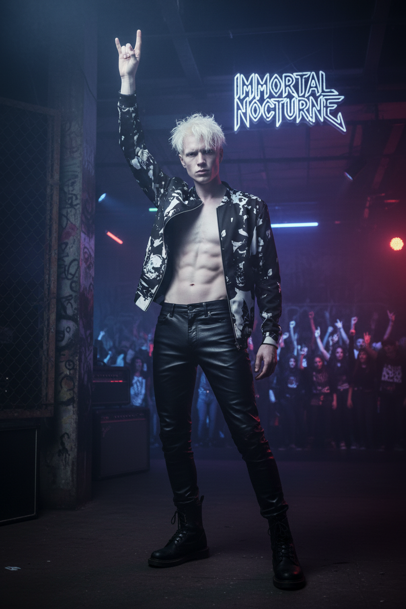 Hombre albino en club metal underground