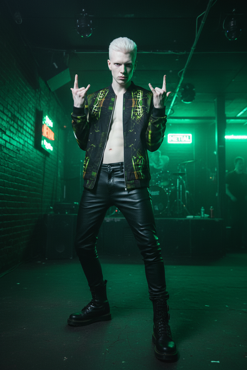 Hombre albino en club metal underground
