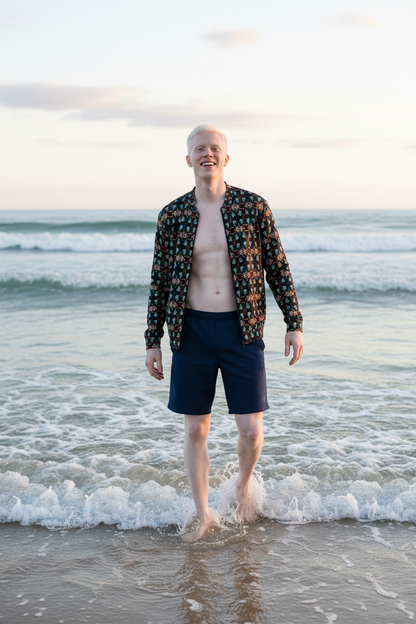 Hombre albino en orilla del mar