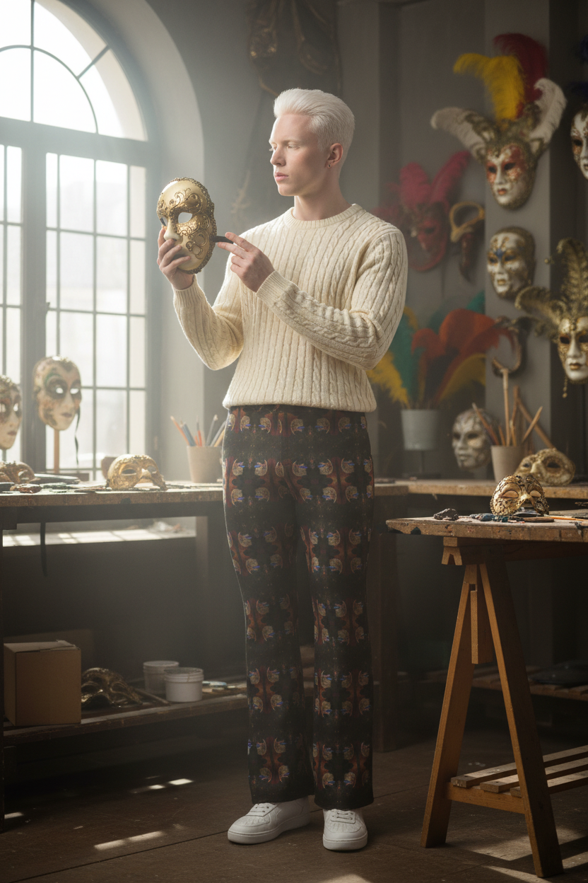 Hombre albino en taller de máscaras