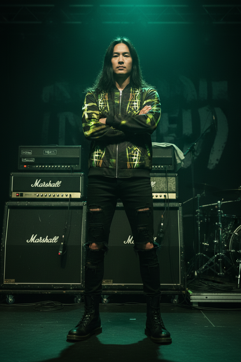 Hombre asiático con amplificadores metal