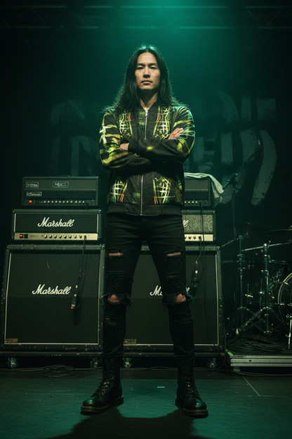 Hombre asiático con amplificadores metal
