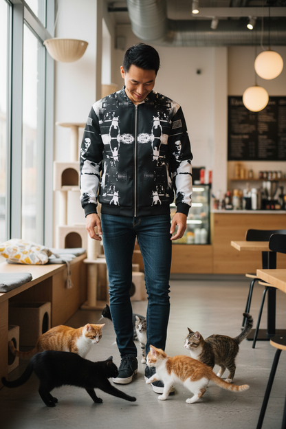 Hombre asiático en cat café