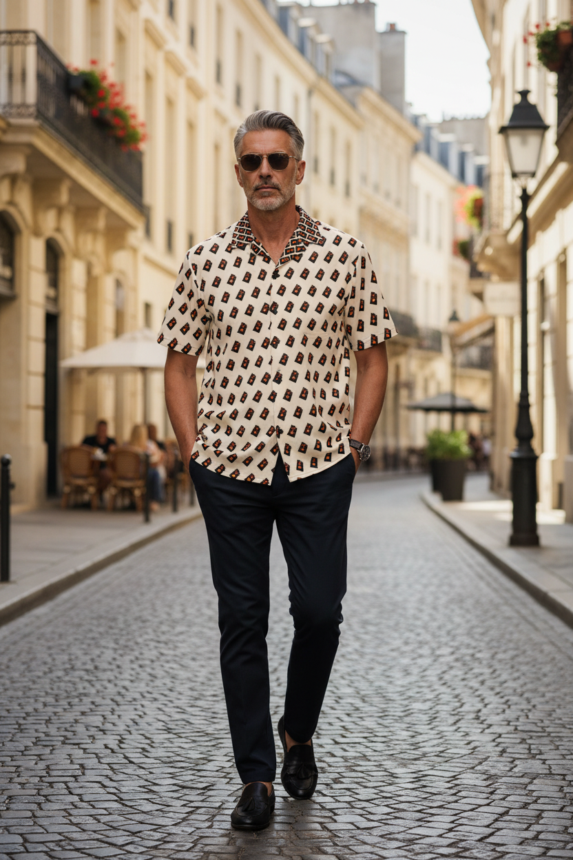 Hombre caminando por ciudad con camisa beige