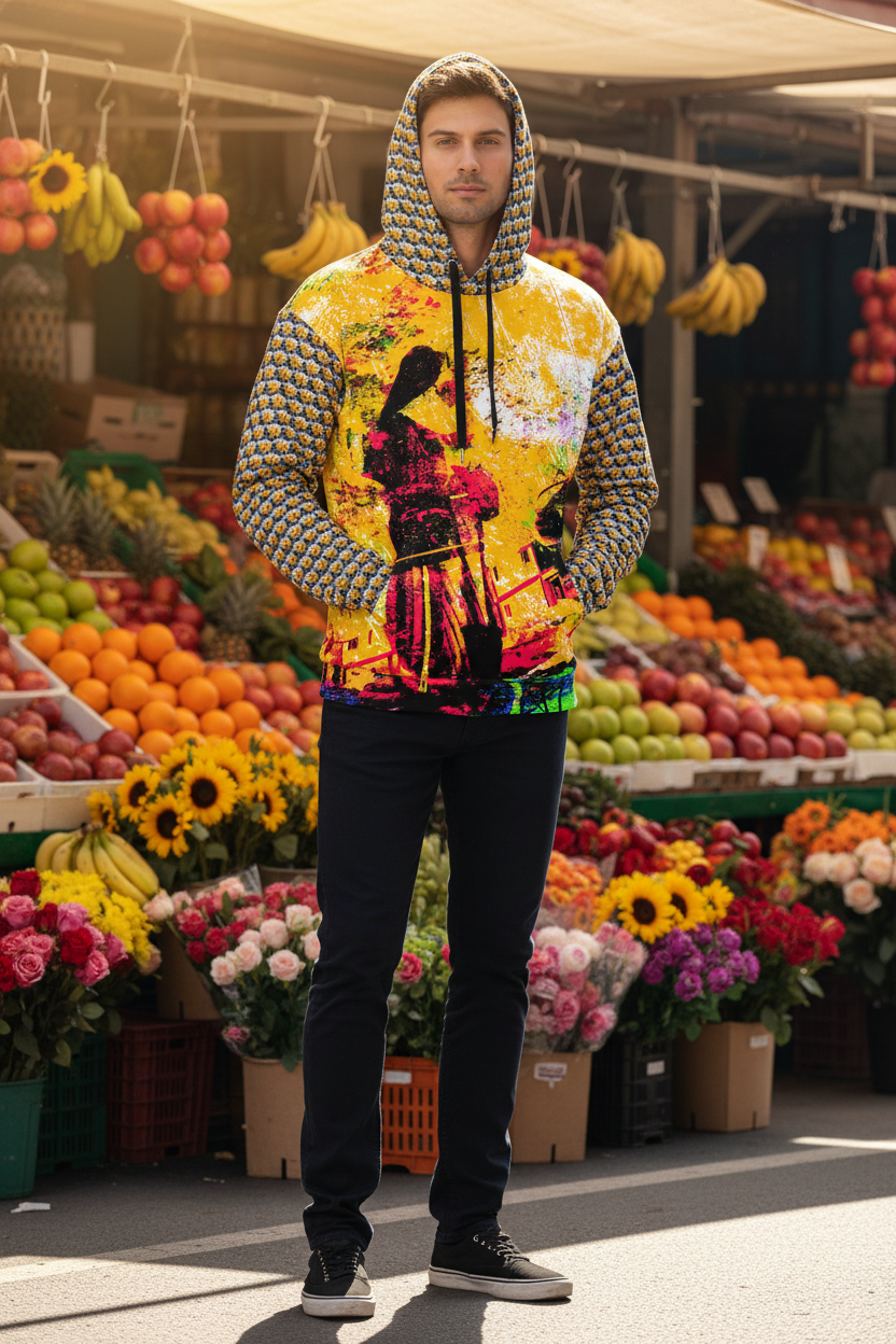 Hombre con capucha en mercado