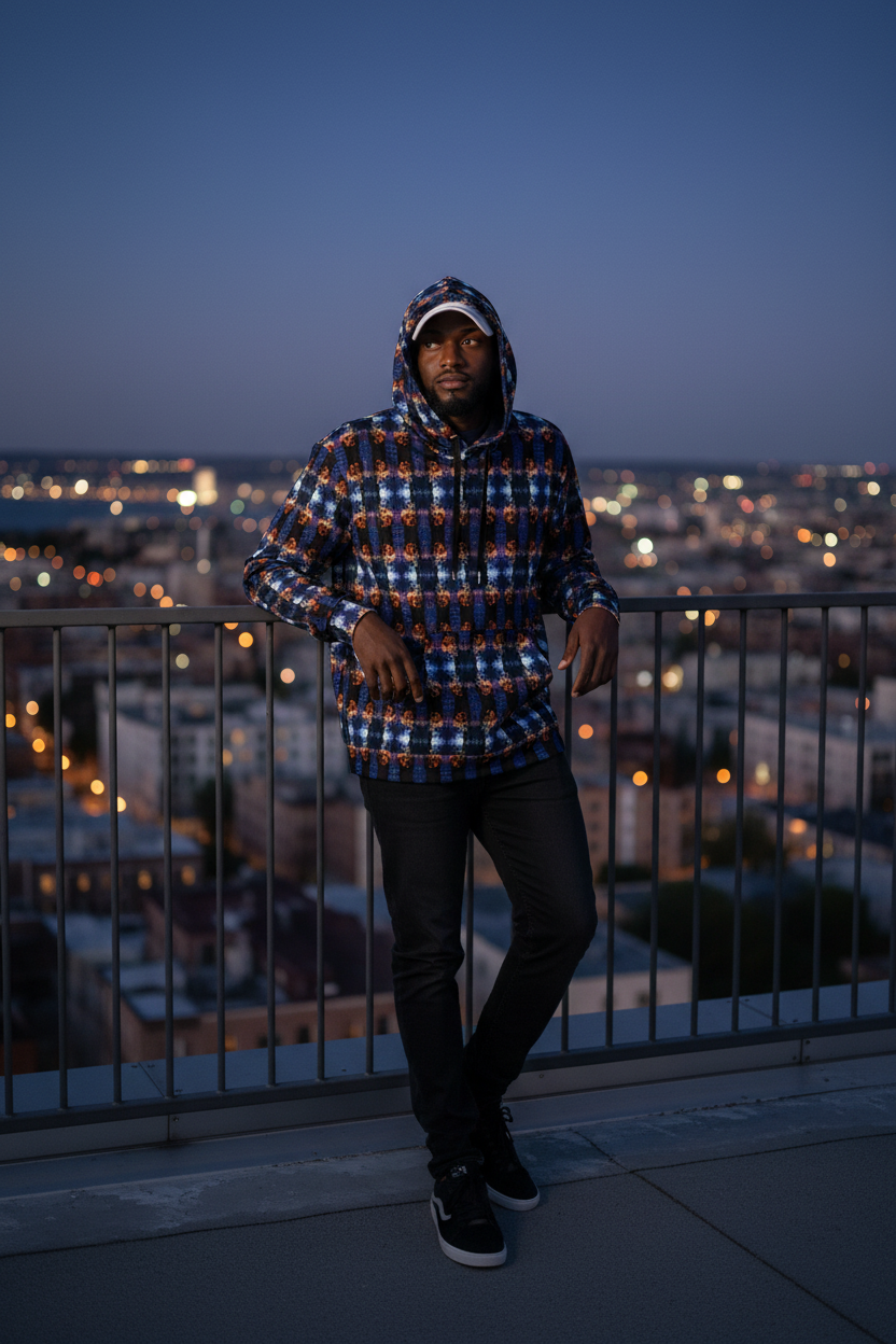 Hombre con capucha en rooftop