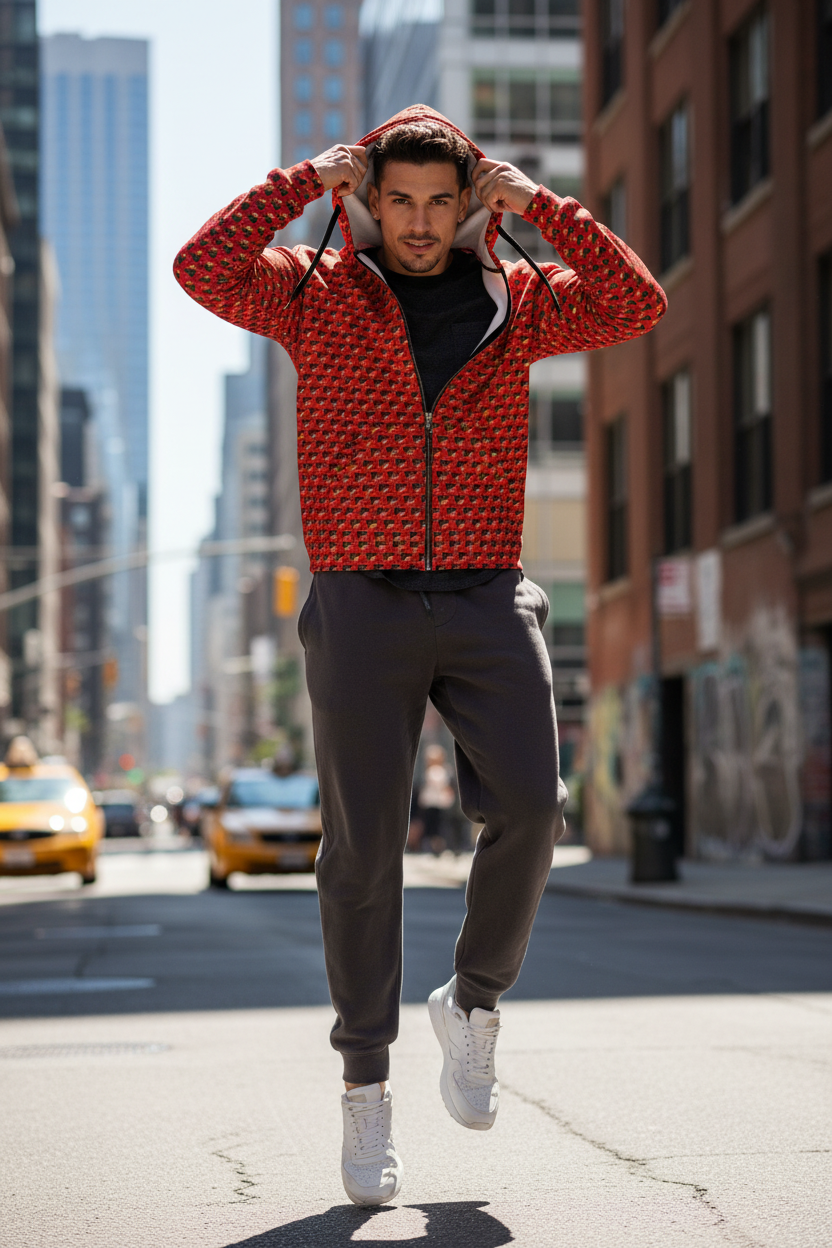 Hombre con hoodie rojo en entorno urbano dinámico