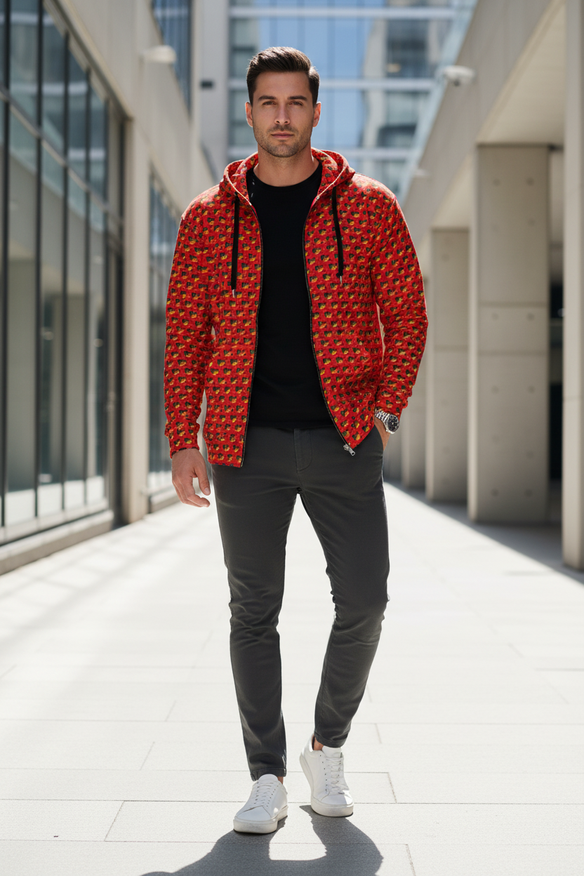 Hombre elegante con hoodie rojo en ciudad limpia