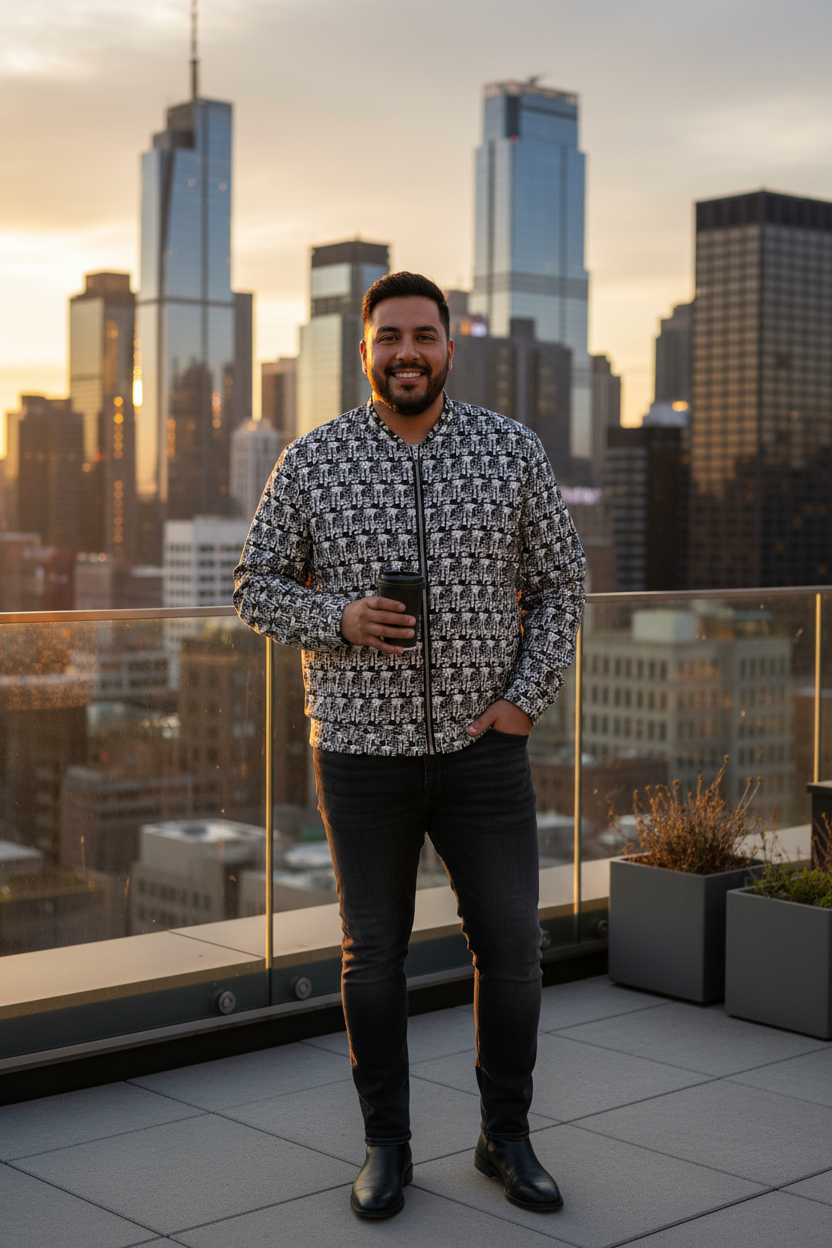 Hombre latino plus-size en rooftop