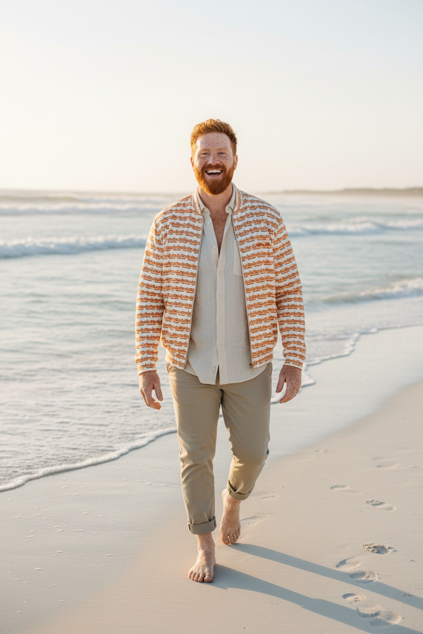 Hombre pelirrojo plus-size en playa