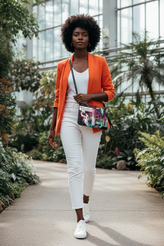 Modelo afro en jardín botánico con bolso proporcionado