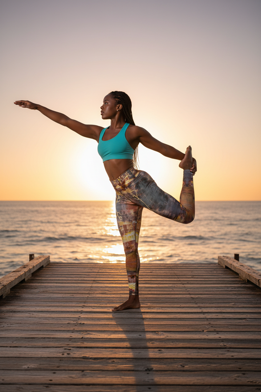 Modelo afro en muelle al atardecer