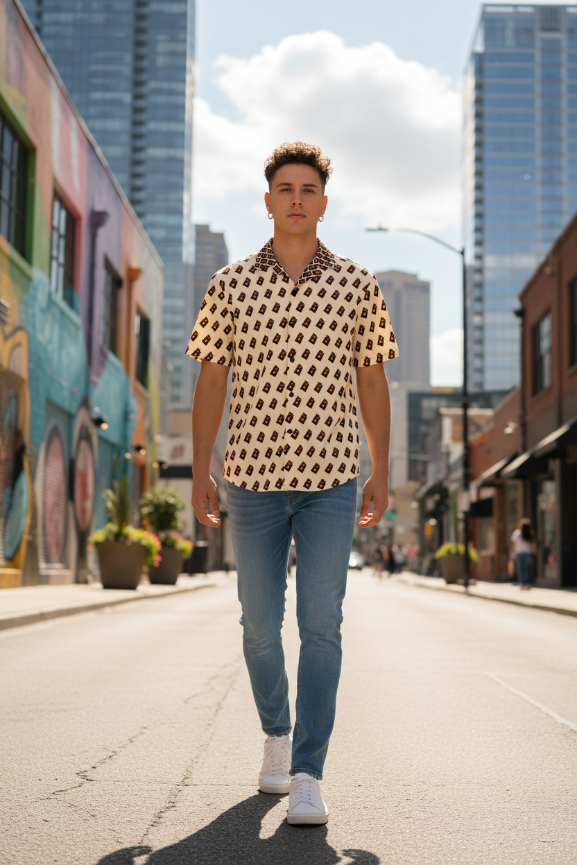 Modelo andrógino caminando por ciudad vibrante