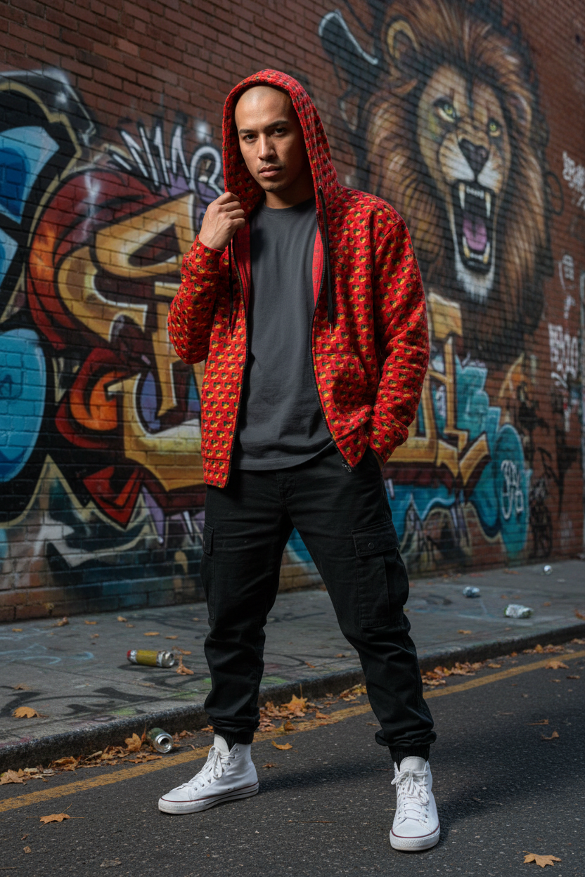 Modelo andrógino con hoodie rojo y vibra urbana
