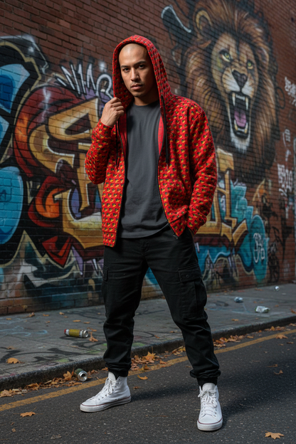 Modelo andrógino con hoodie rojo y vibra urbana