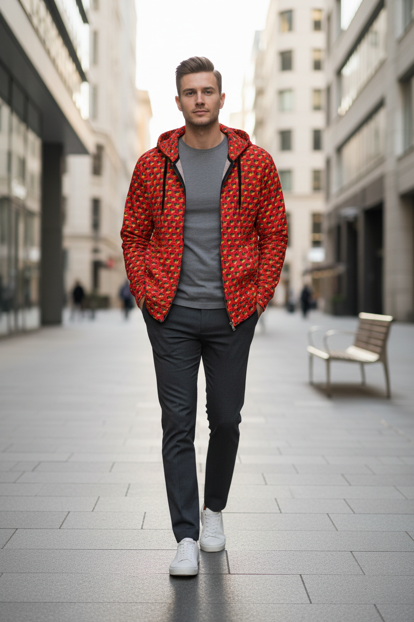 Modelo andrógino sofisticado con hoodie rojo