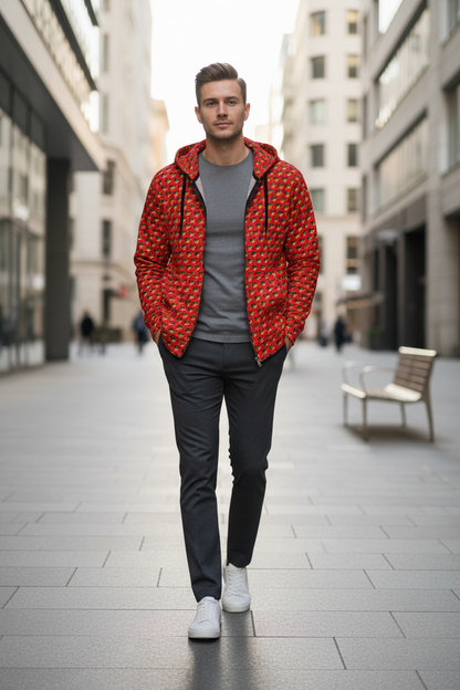 Modelo andrógino sofisticado con hoodie rojo