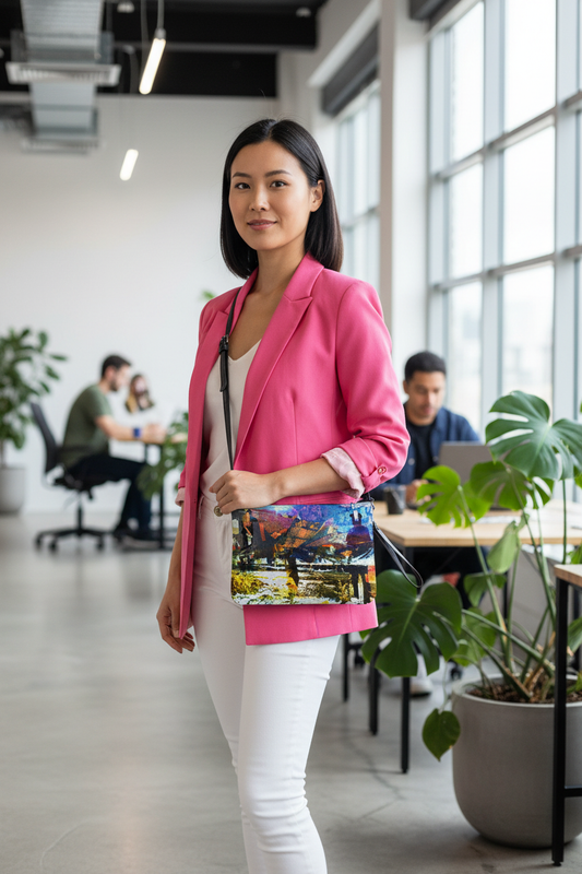 Modelo asiática en co-working con bolso a escala