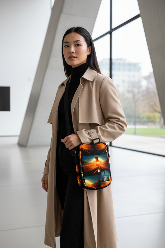 Modelo asiática en museo con bolso proporcionado