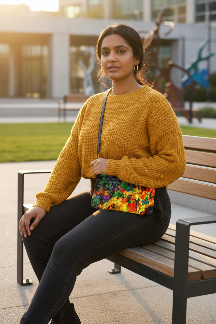 Modelo asiática en parque con bolso a escala