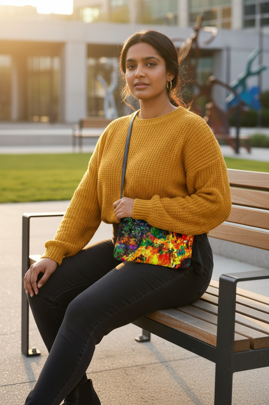 Modelo asiática en parque con bolso a escala