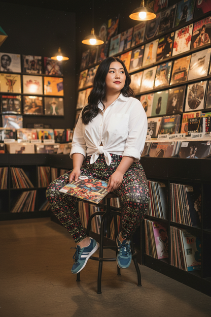 Modelo asiática en tienda de vinilos