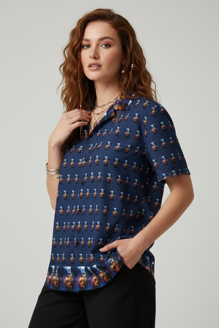 Modelo bohemia con camisa azul marino