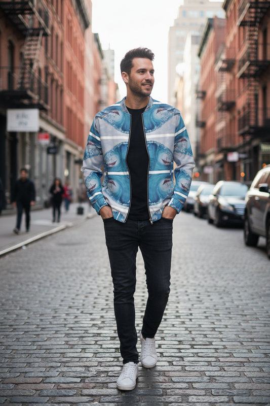 Modelo con bomber jacket realista en NYC