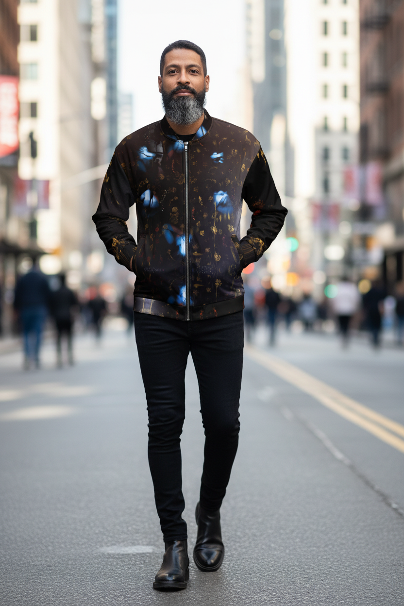 Modelo elegante con bomber jacket caminando por la ciudad