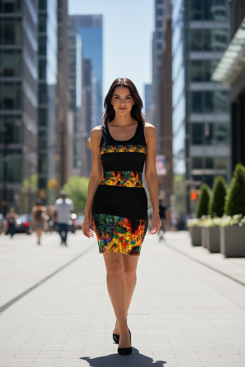Modelo en ciudad con vestido de franjas coloridas