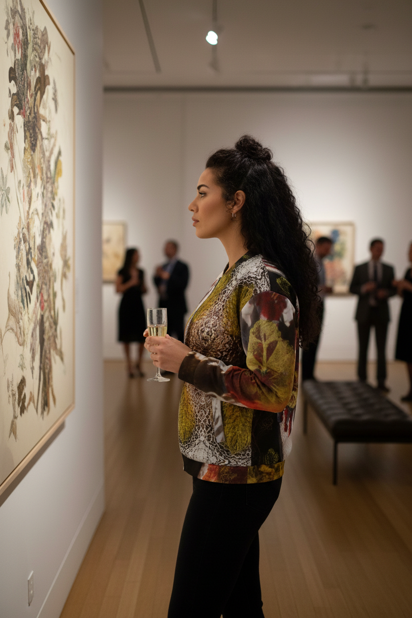 Modelo en galería de arte con bomber jacket de manos rojas y flores doradas