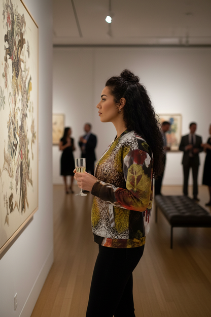 Modelo en galería de arte con bomber jacket de manos rojas y flores doradas