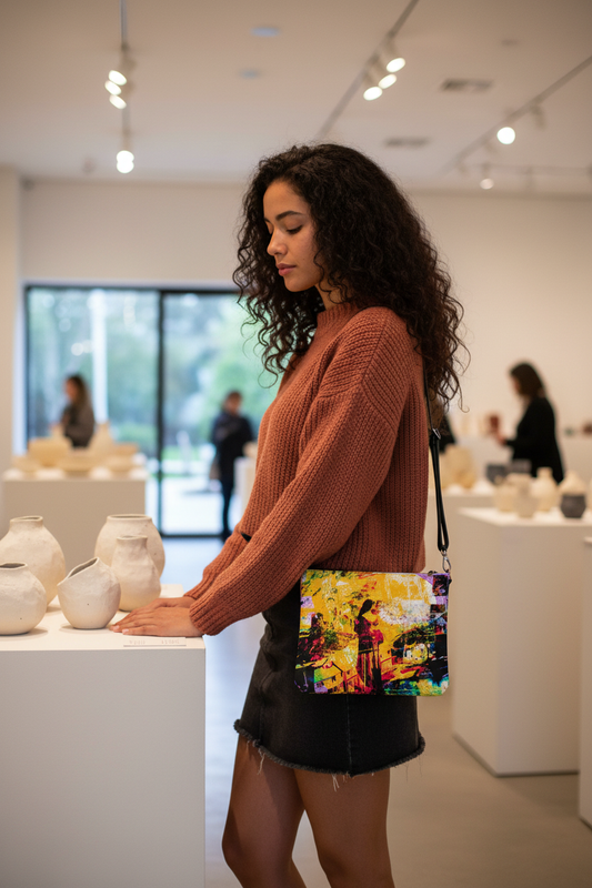 Modelo en galería de cerámica con bolso proporcionado