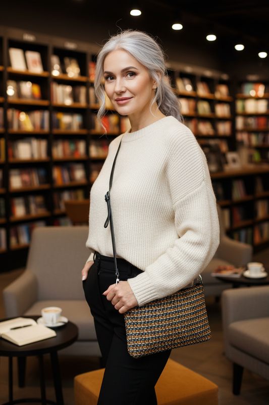 Modelo en librería café con bolso a escala