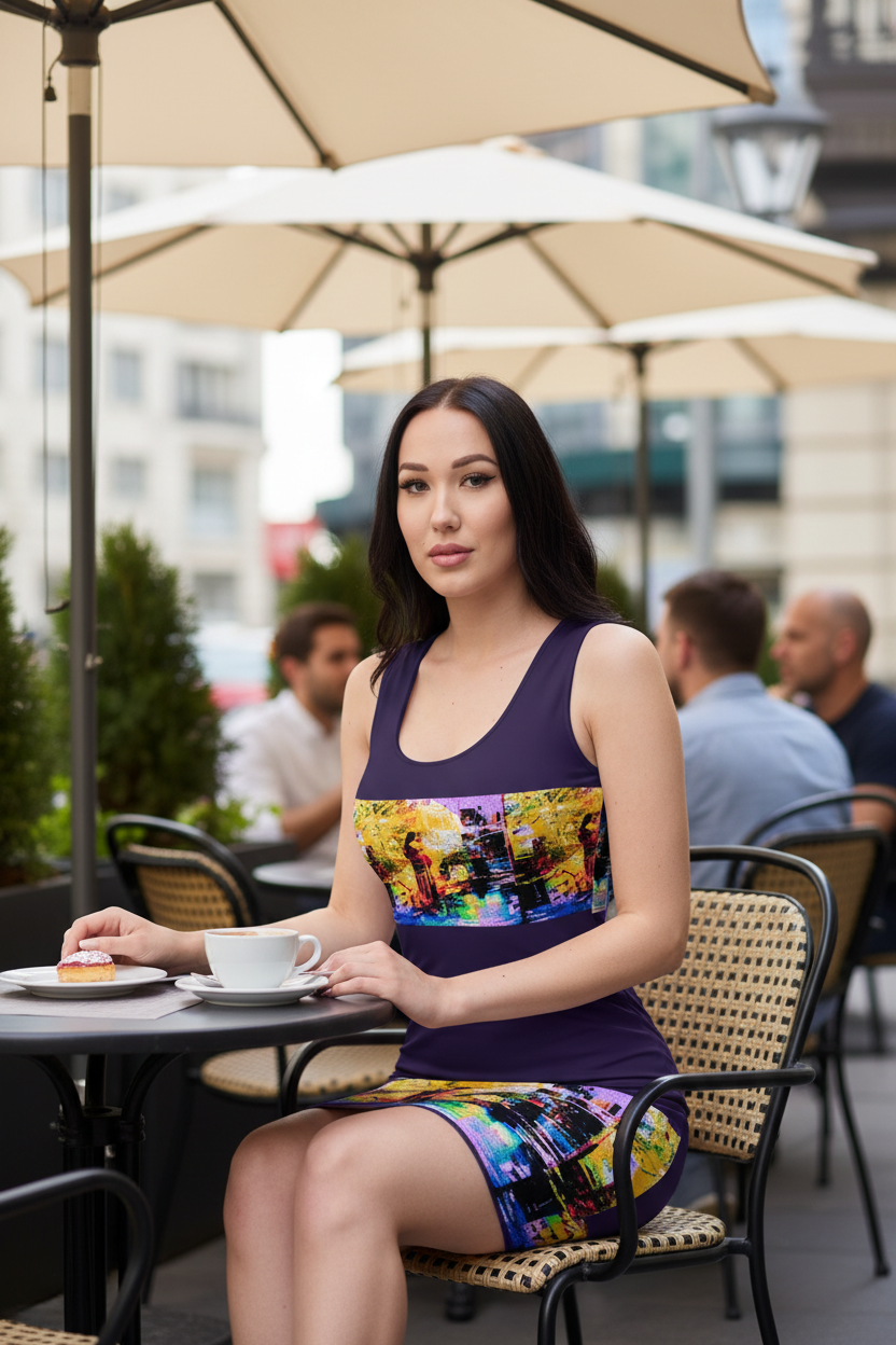Modelo en terraza de café con vestido morado