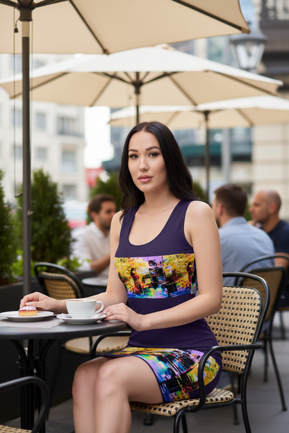 Modelo en terraza de café con vestido morado