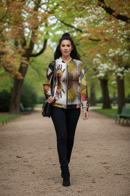 Modelo europea elegante en el parque con bomber jacket
