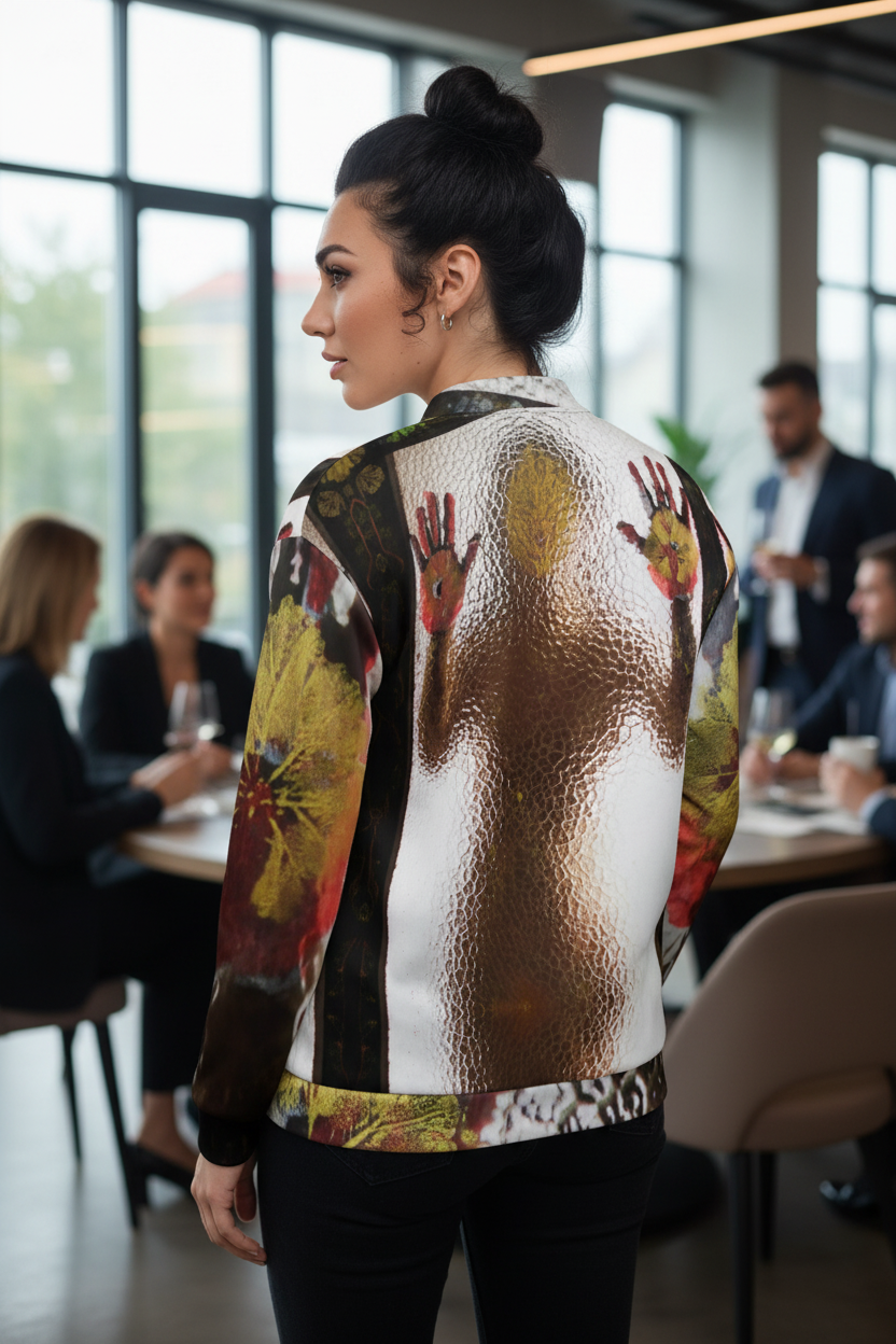 Modelo europea en reunión de negocios mostrando la espalda de la bomber jacket