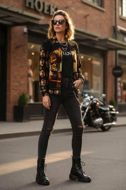 Modelo femenina con estilo rock sofisticado usando bomber jacket
